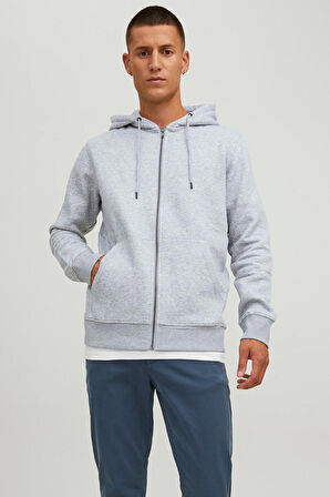 Jack & Jones Erkek Jjestar Çift Cepli Fermuar Kapamalı Kapüşonlu Sweatshirt 12210830 Açık Gri